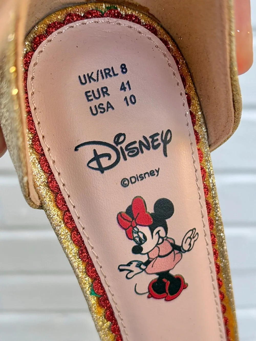 Primark x Disney Minnie Mouse Gold Glitter Bow Ankle-Strap Stiletto Heels, SZ 10